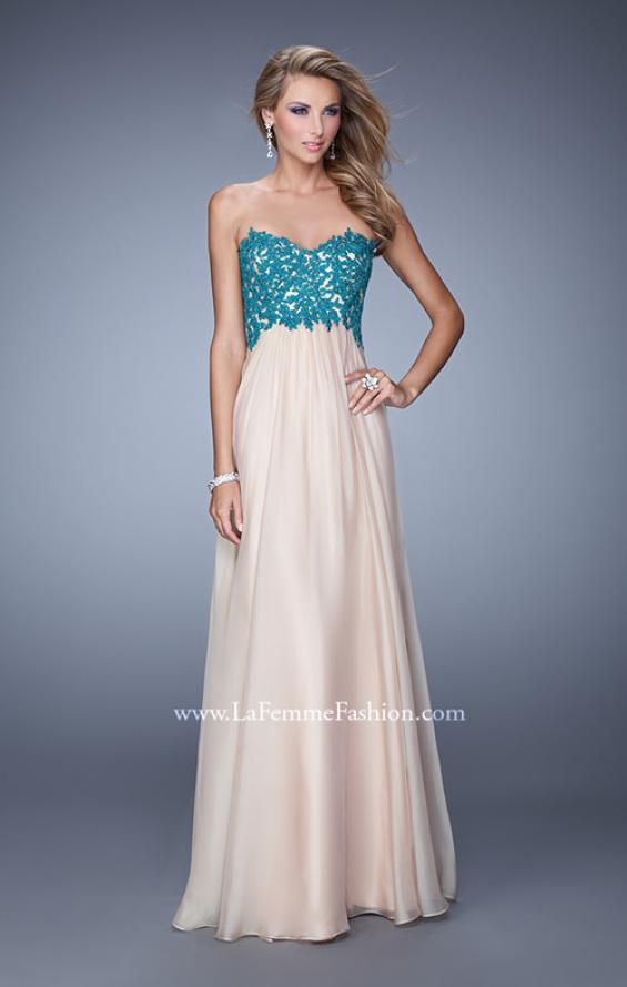Picture of: Nude Chiffon Prom Gown with Contrasting Beaded Lace Top in Nude, Style: 20617, Detail Picture 2