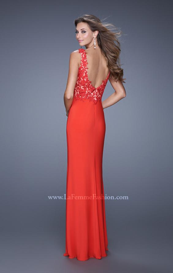 Picture of: Sleeveless Jersey Gown with Lace Bodice and Slit in Orange, Style: 20640, Back Picture