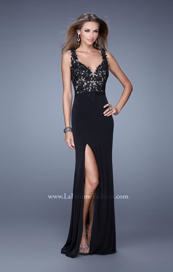 Picture of: Sleeveless Jersey Gown with Lace Bodice and Slit in Black, Style: 20640, Detail Picture 3