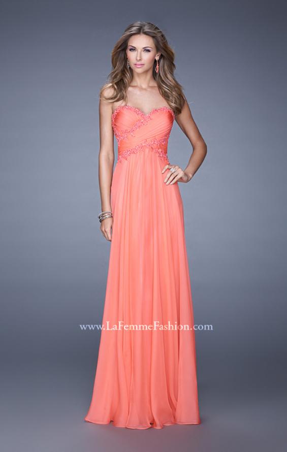 Picture of: Chiffon Gown with Criss Cross Ruched Bodice and Beads in Peach, Style: 20658, Detail Picture 1