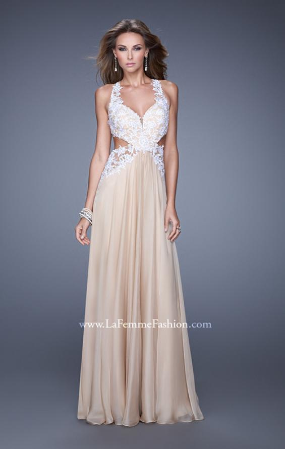 Picture of: Beaded Lace Chiffon Prom Gown with Criss Cross Straps in White Nude, Style: 20692, Detail Picture 1