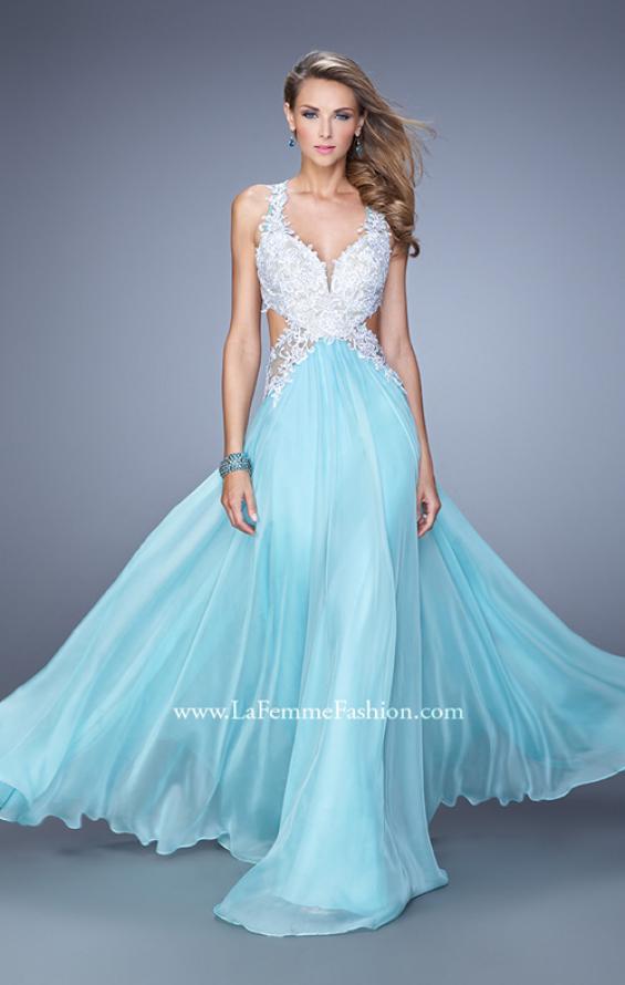 Picture of: Beaded Lace Chiffon Prom Gown with Criss Cross Straps in Blue, Style: 20692, Detail Picture 2