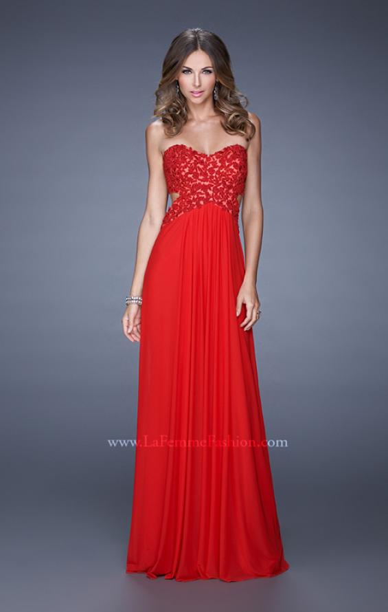Picture of: Jewel Lace Bodice Long Net Jersey Prom Dress in Red, Style: 20733, Detail Picture 1