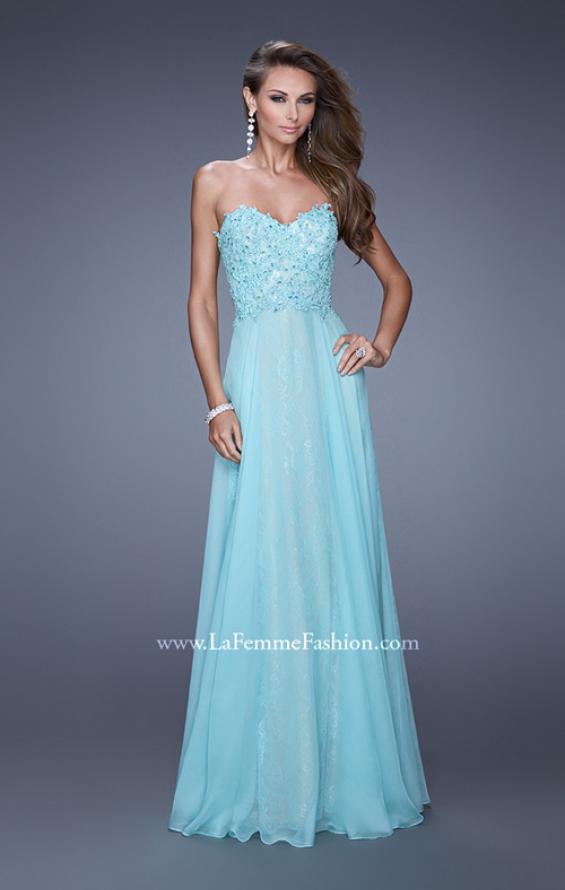 Picture of: Strapless Chiffon Prom Dress with Beaded Lace Bodice in Aqua, Style: 20798, Main Picture