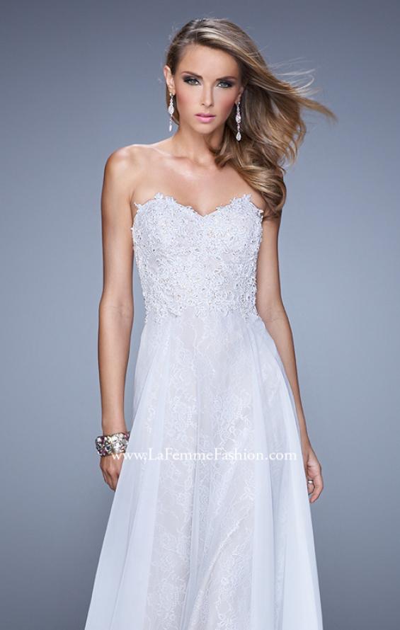 Picture of: Strapless Chiffon Prom Dress with Beaded Lace Bodice in White, Style: 20798, Detail Picture 9