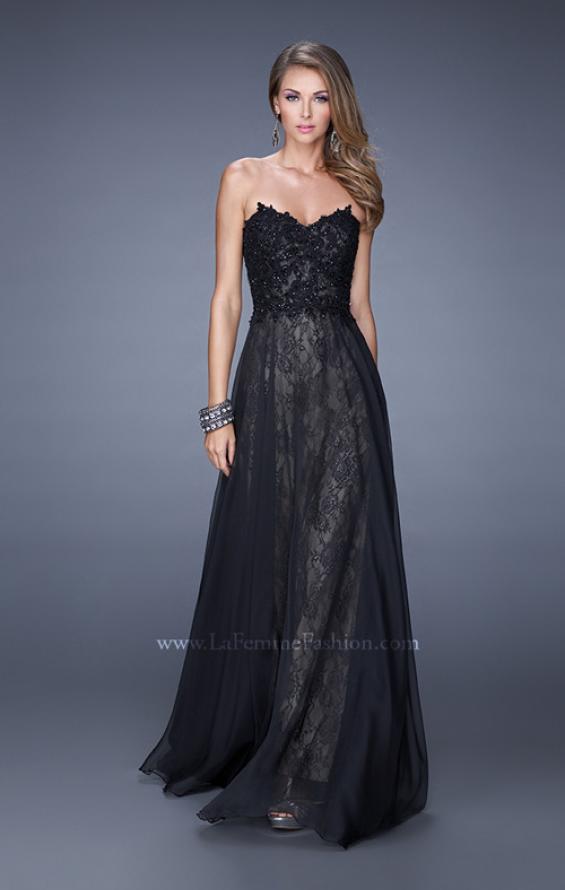 Picture of: Strapless Chiffon Prom Dress with Beaded Lace Bodice in Black, Style: 20798, Detail Picture 2