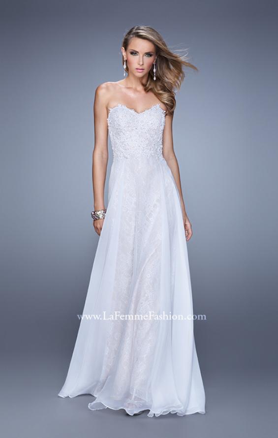 Picture of: Strapless Chiffon Prom Dress with Beaded Lace Bodice in White, Style: 20798, Detail Picture 5