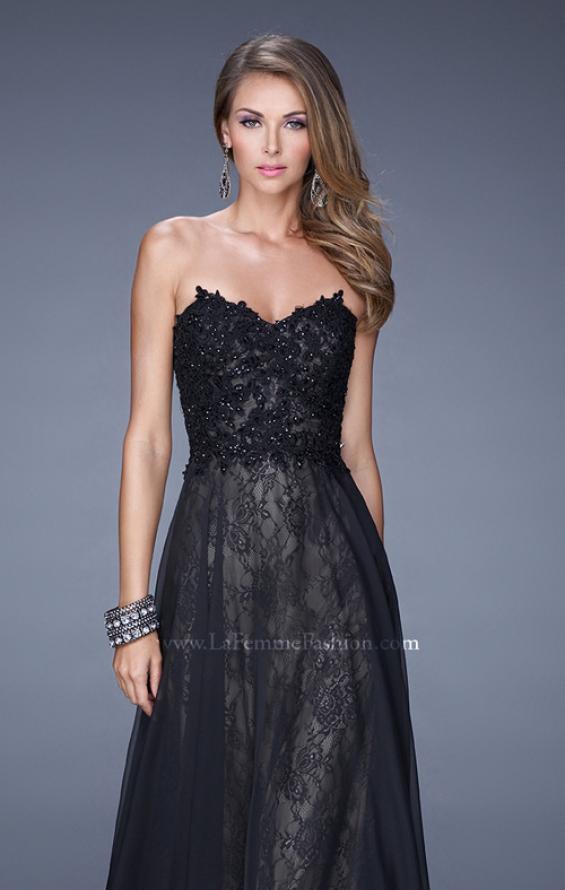 Picture of: Strapless Chiffon Prom Dress with Beaded Lace Bodice in Black, Style: 20798, Detail Picture 6