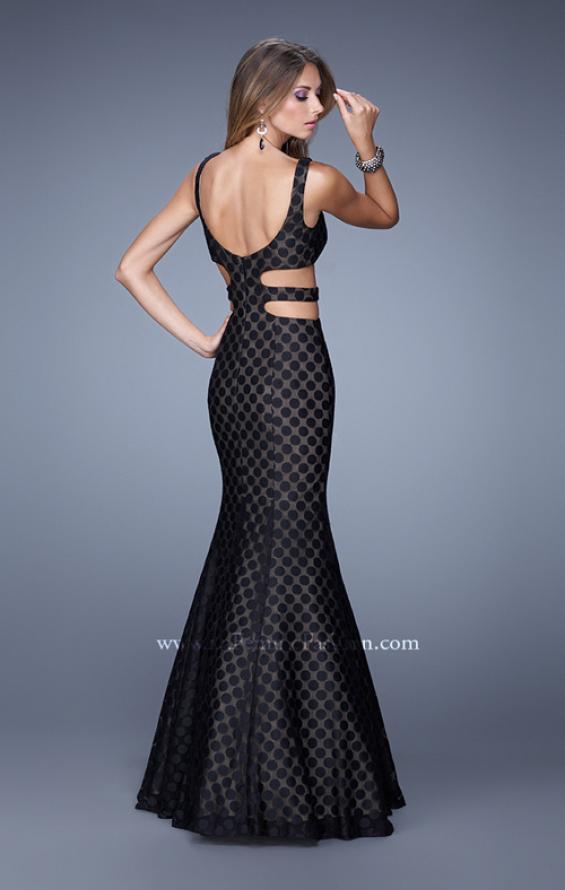 Picture of: Long Mermaid Gown with Polka Dot Lace Overlay in Black, Style: 20813, Back Picture