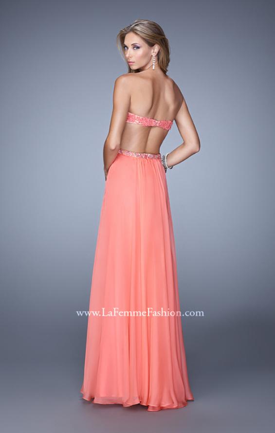 Picture of: Long Sweetheart Neck Gown with Lace Appliques and Belt in Coral, Style: 20822, Back Picture