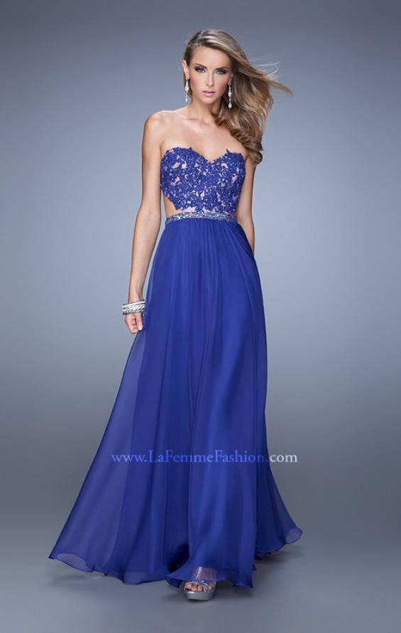 Picture of: Long Sweetheart Neck Gown with Lace Appliques and Belt in Blue, Style: 20822, Detail Picture 2