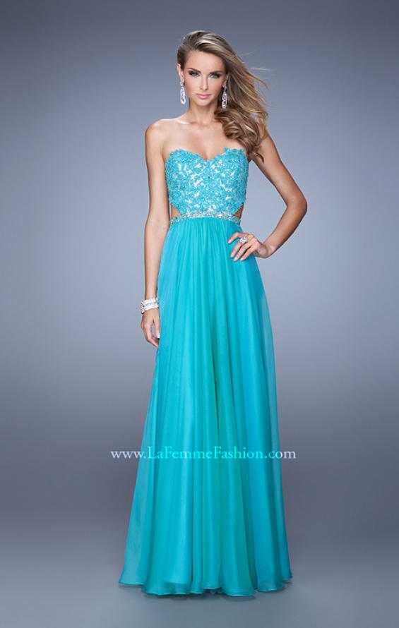 Picture of: Long Sweetheart Neck Gown with Lace Appliques and Belt in Aqua, Style: 20822, Detail Picture 3