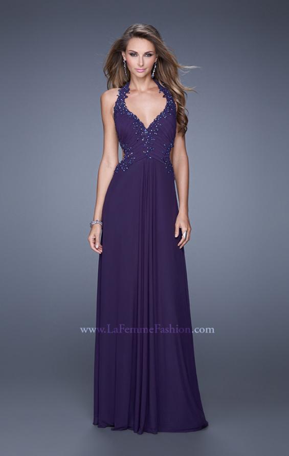 Picture of: Halter Net Jersey Prom Dress with Beaded Lace Trim in Purple, Style: 20867, Detail Picture 1