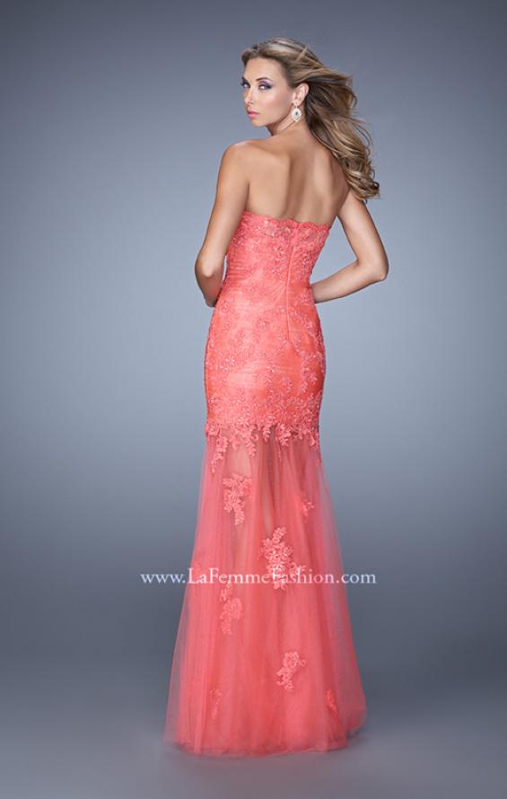 Picture of: Long Form Fitting Prom Dress with Sheer Tulle Skirt in Coral, Style: 20881, Back Picture