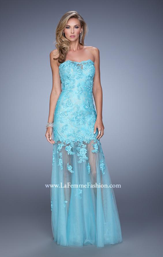 Picture of: Long Form Fitting Prom Dress with Sheer Tulle Skirt in Aqua, Style: 20881, Detail Picture 2