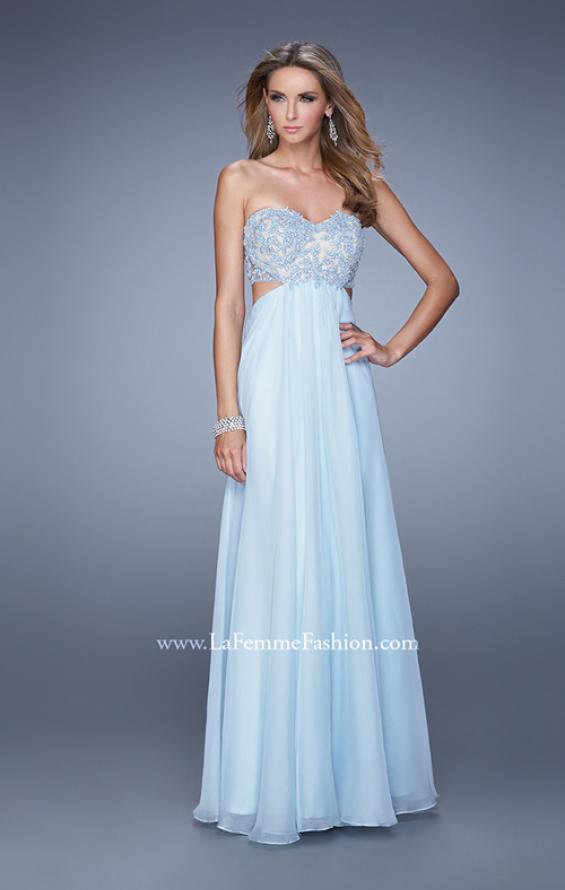 Picture of: Long Strapless Chiffon Gown with Beaded Lace Applique in Blue, Style: 20898, Detail Picture 2