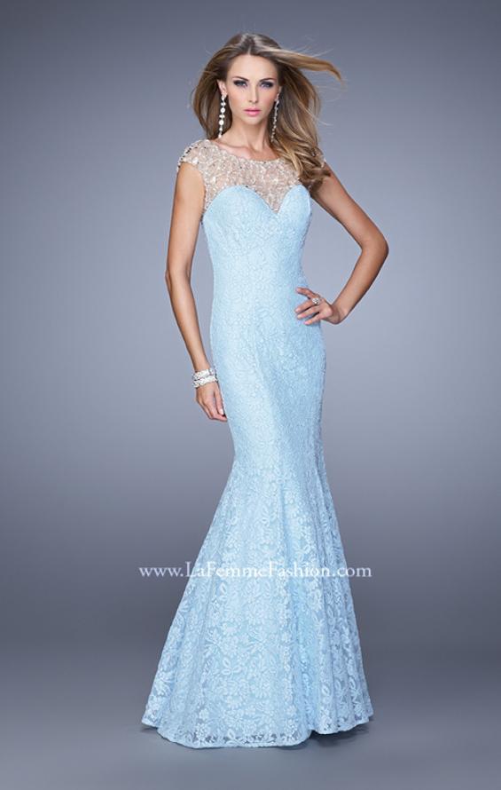 Picture of: Long Lace Cap Sleeve Mermaid Gown with Beading in Powder Blue, Style: 20905, Detail Picture 1
