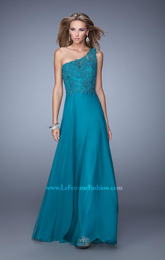 Picture of: Long One Shoulder Chiffon Dress with Sheer Strap and Back in Teal, Style: 20907, Main Picture