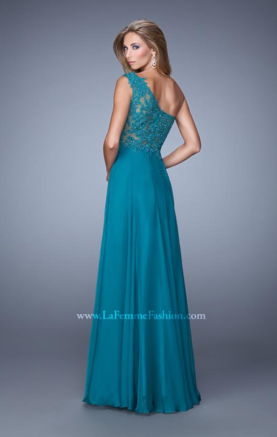 Picture of: Long One Shoulder Chiffon Dress with Sheer Strap and Back in Teal, Style: 20907, Back Picture