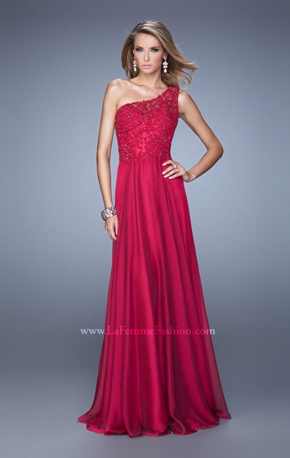Picture of: Long One Shoulder Chiffon Dress with Sheer Strap and Back in Red, Style: 20907, Detail Picture 1