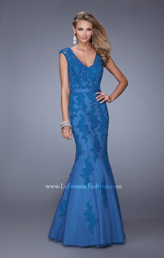 Picture of: Long Lace Sleeveless Mermaid Dress with V Neckline in Blue, Style: 20918, Detail Picture 1