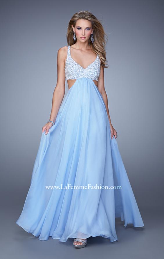 Picture of: Full Length Chiffon Prom Dress with Hand Beaded Bra Top in Blue, Style: 20942, Detail Picture 1