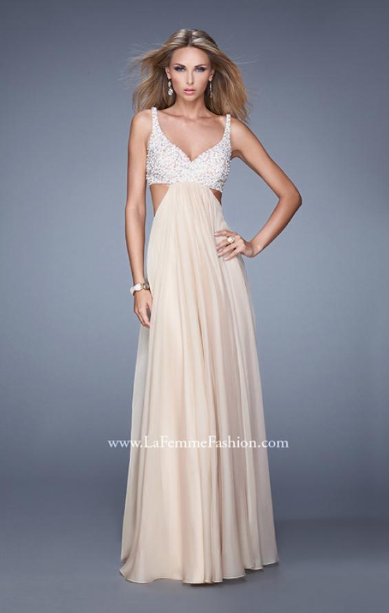 Picture of: Full Length Chiffon Prom Dress with Hand Beaded Bra Top in Nude, Style: 20942, Detail Picture 3