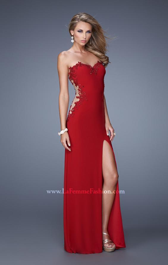 Picture of: Long Jersey Prom Dress with Sheer Sides and Beaded Lace in Red, Style: 20972, Detail Picture 1