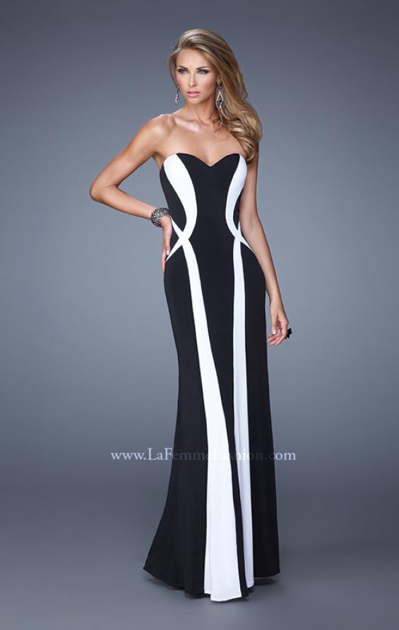Picture of: Floor Length Prom Gown with Pearl Accents in Black White, Style: 21028, Main Picture