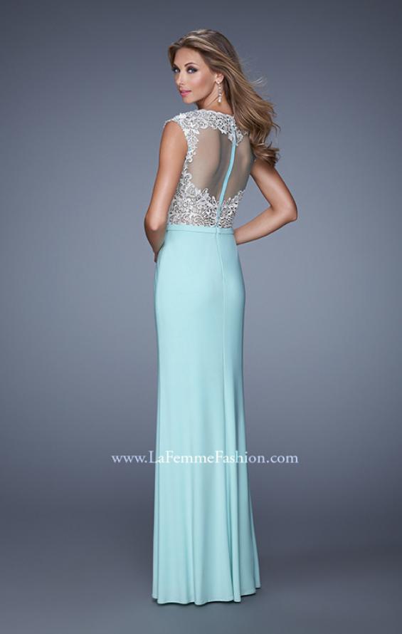 Picture of: Long Jersey Prom Gown with Embroidery Accents in Mint, Style: 21065, Back Picture