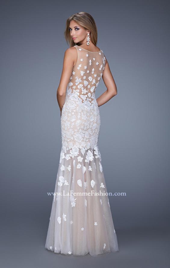 Picture of: Long Lace Prom Dress with Sheer Tulle Skirt and Lace in White, Style: 21105, Back Picture