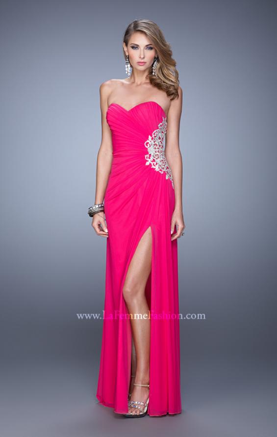 Picture of: Glam Prom Dress with Sheer Cut Outs and Embroidery in Hot Pink, Style: 21115, Detail Picture 4