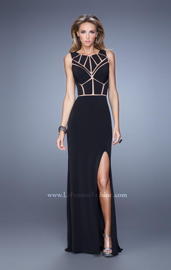 Picture of: Sleeveless Prom Dress with Geometric Patterned Bodice in Black, Style: 21141, Detail Picture 1