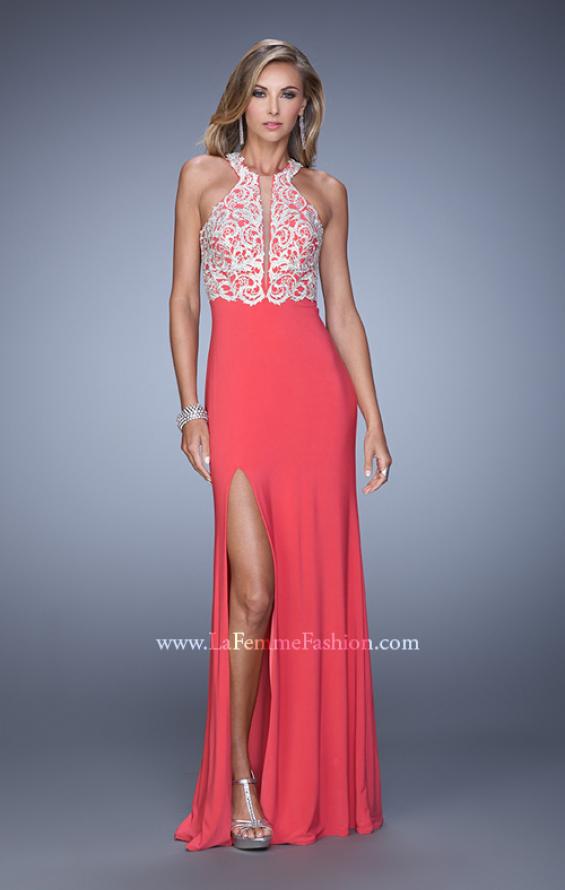 Picture of: Long Halter Jersey Prom Dress with Beaded Embroidery in Coral, Style: 21168, Detail Picture 2