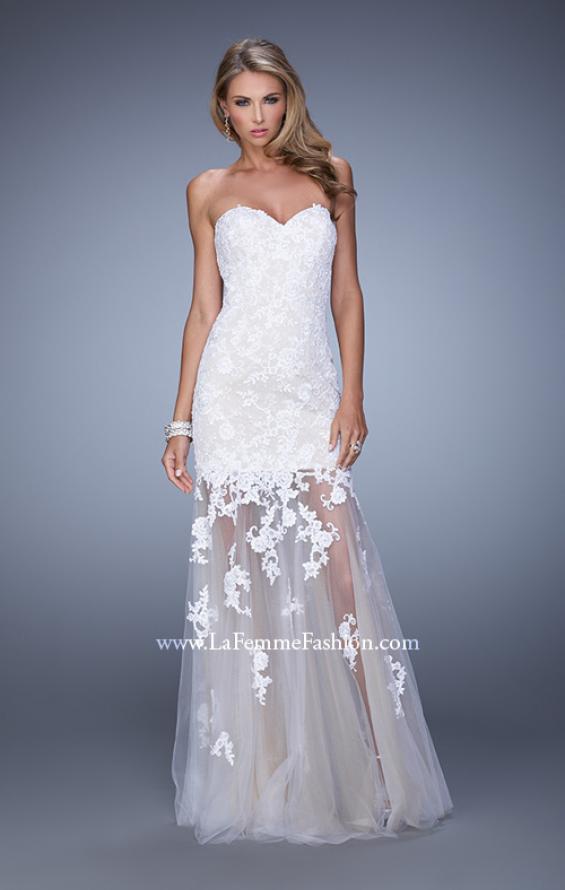 Picture of: Long Lace Dress with Sheer Tulle Skirt and Beaded Lace in White, Style: 21174, Detail Picture 1
