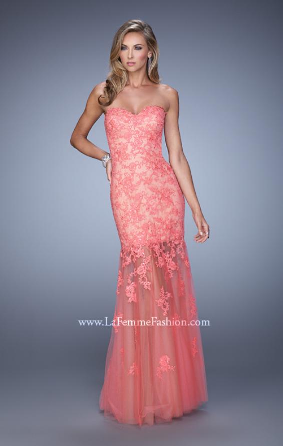 Picture of: Long Lace Dress with Sheer Tulle Skirt and Beaded Lace in Coral, Style: 21174, Detail Picture 2