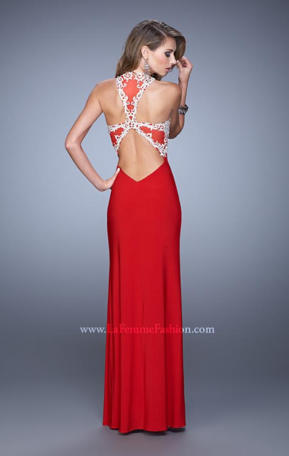 Picture of: Halter Prom Dress with Embroidery and Open Back in Red, Style: 21183, Detail Picture 4