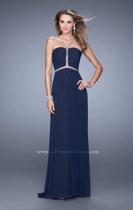 Picture of: Sheer Back Jersey Prom Dress with Rhinestones in Navy, Style: 21185, Detail Picture 1