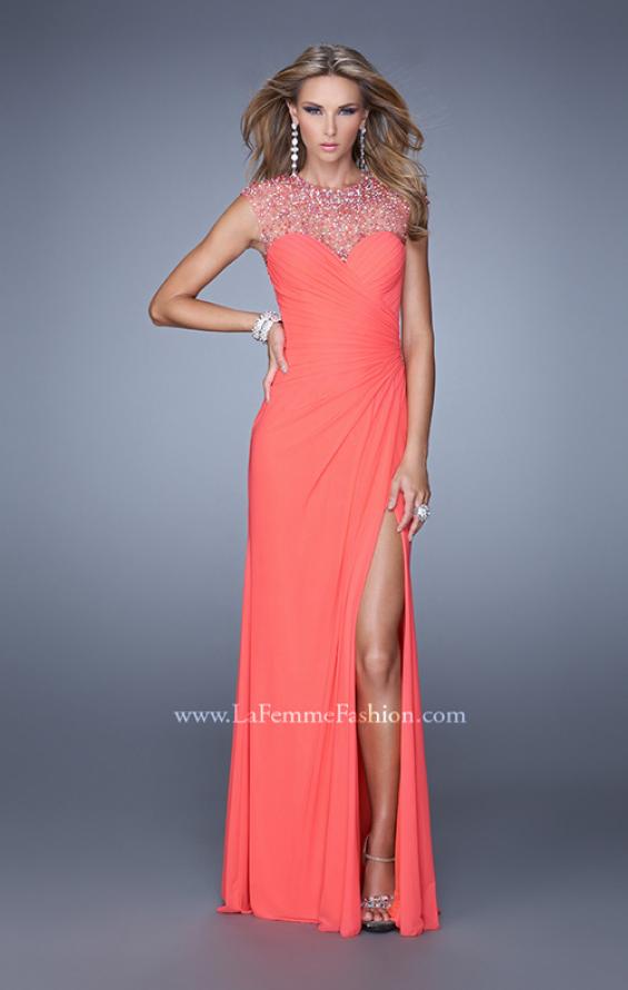 Picture of: Cap Sleeve Gathered Bodice Prom Dress with Stones in Coral, Style: 21246, Main Picture