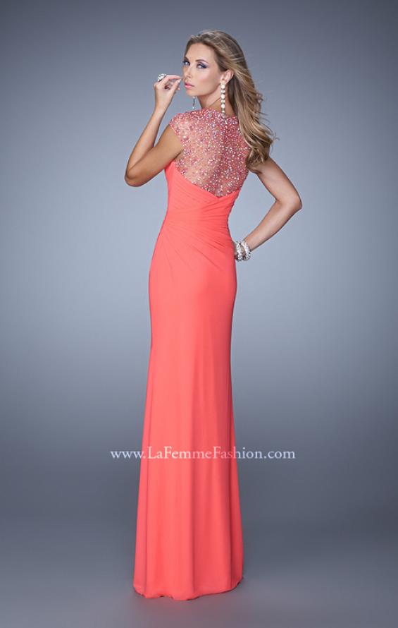 Picture of: Cap Sleeve Gathered Bodice Prom Dress with Stones in Coral, Style: 21246, Back Picture