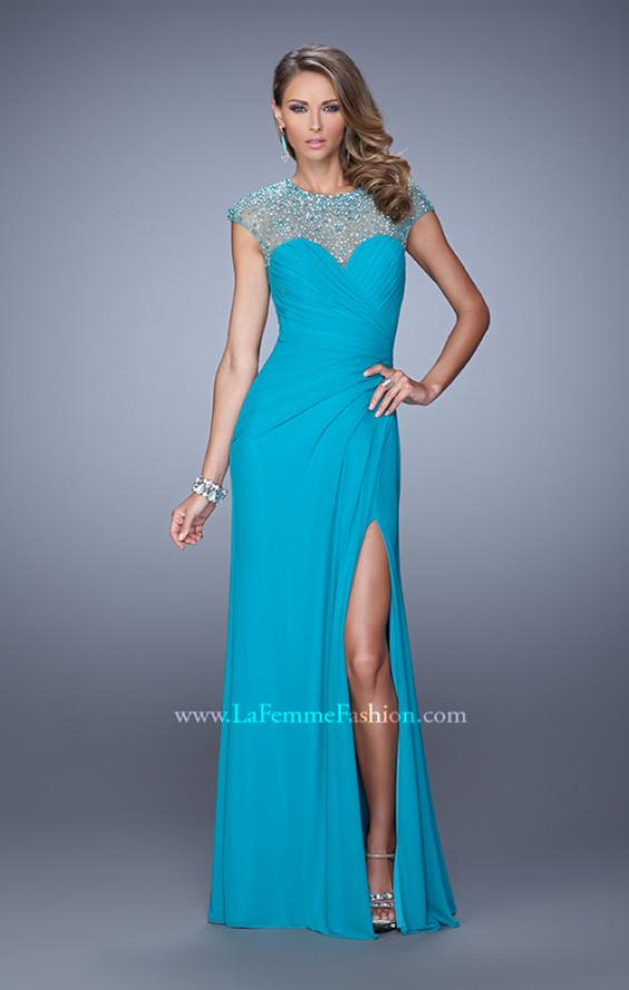 Picture of: Cap Sleeve Gathered Bodice Prom Dress with Stones in Peacock, Style: 21246, Detail Picture 2