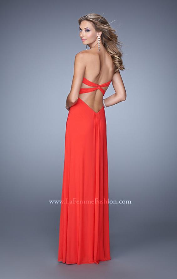 Picture of: Long Jersey Prom Dress with Gathered Knot Detail in Orange, Style: 21254, Back Picture