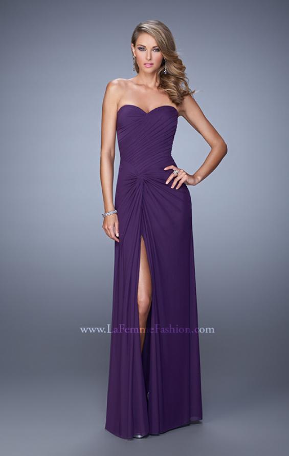 Picture of: Long Jersey Prom Dress with Gathered Knot Detail in Purple, Style: 21254, Detail Picture 1