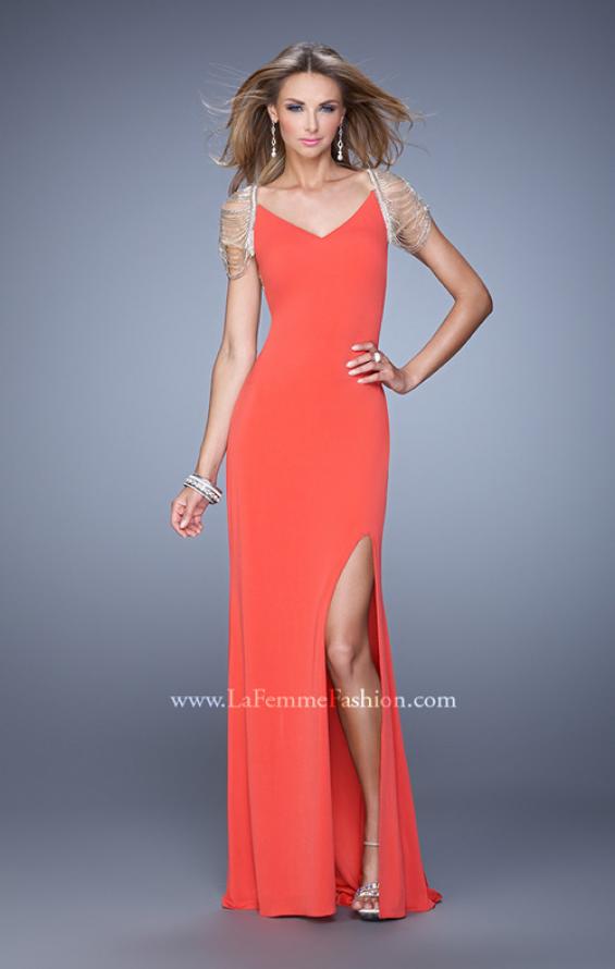 Picture of: Sheer Cap Sleeve Prom Dress with Multi Tonal Beading in Orange, Style: 21268, Detail Picture 1