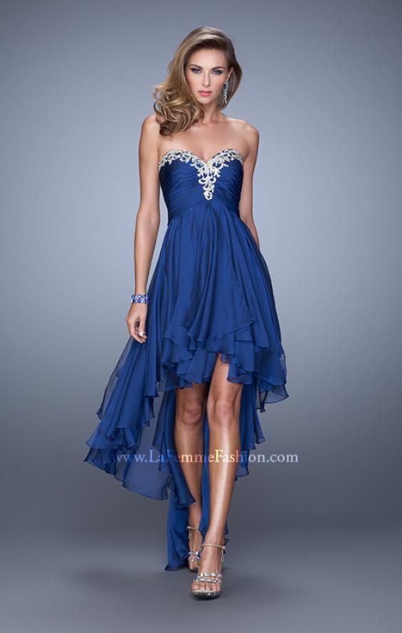 Picture of: High Low Prom Dress with Ruching and Criss Cross Straps in Blue, Style: 21274, Detail Picture 1