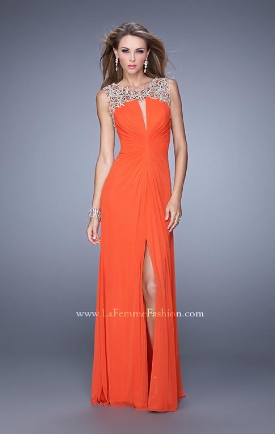 Picture of: Glam Long Prom Gown with Open Back and Center Slit in Orange, Style: 21293, Detail Picture 2
