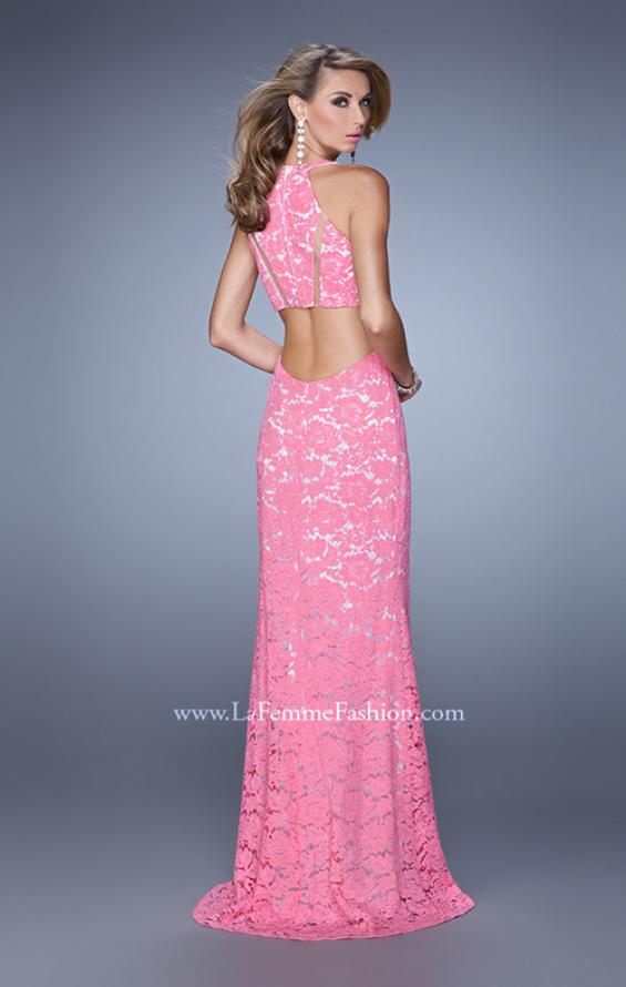 Picture of: Halter Lace Prom Dress with Low Scooped Back in Pink, Style: 21314, Back Picture