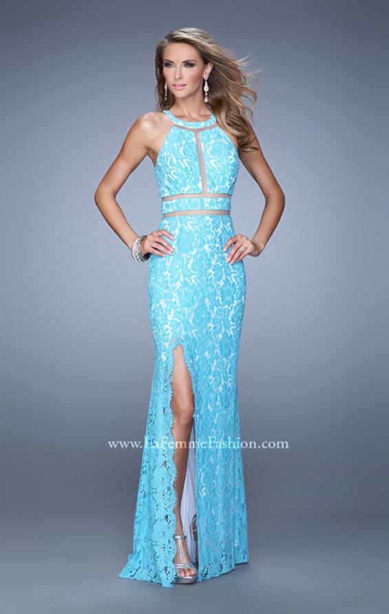 Picture of: Halter Lace Prom Dress with Low Scooped Back in Blue, Style: 21314, Detail Picture 1