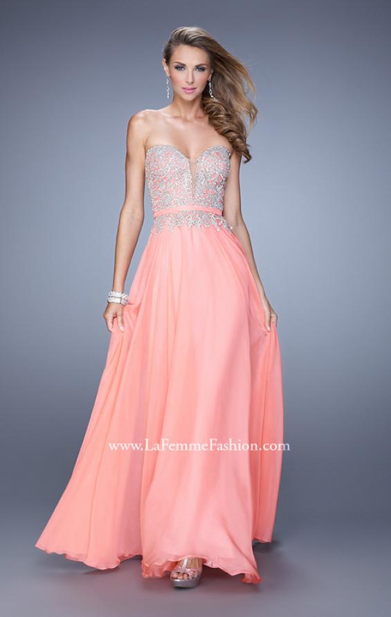 Picture of: Long Chiffon Embroidered Prom Dress with Belt in Coral, Style: 21334, Detail Picture 2