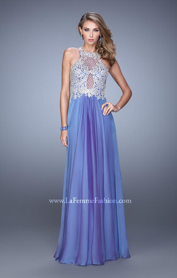 Picture of: Halter Chiffon Prom Dress with Metallic Embroidery in Blue, Style: 21349, Detail Picture 3